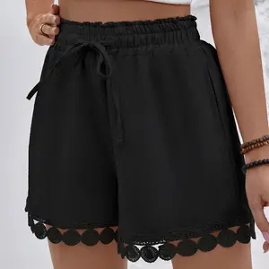 Women's Casual High Waist Floral Ruffled Lace Trim Shorts Elastic Waist Drawstring Summer Leisure Shorts Springfresh