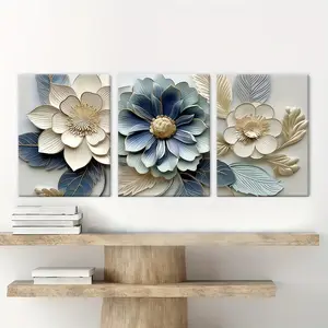 3-Piece Unframed Canvas, Relief Floral Triptych Decor Poster, Modern Wall Art for Living Room and Bedroom, Fashionable Home Decoration, Decorative Artwork