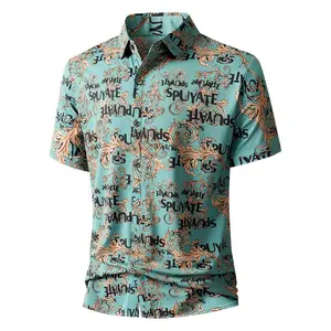 Men's Turquoise Short Sleeve Button-Down Shirt with Baroque Floral & Letter Print, Luxury-Inspired All-Over Pattern, Breathable Fabric, Casual Party & Vacation Style
