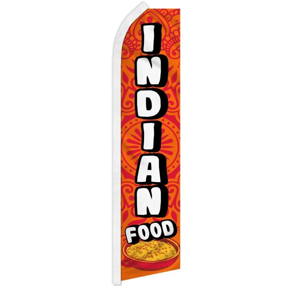 11.5ft x 2.5ft Large Windproof Synthetic Polyester Knit Standing Banner - Indian Food Themed, Wear-Resistant Advertising Flag with Curved Sleeve, Easy Install Party Decor Design for Festive, Home Supplies Backdrops, All Seasons, Super Flag, Print