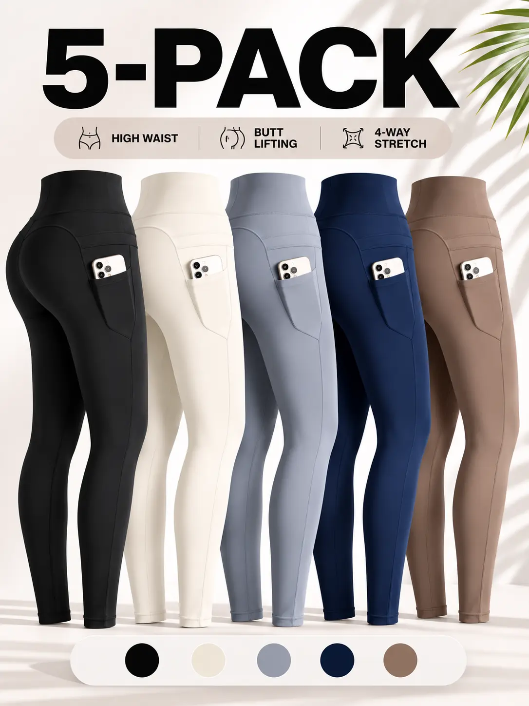 5-Pack Women's Butt Lifting Side Pocket Leggings - High-Waisted Tummy Control High-Stretch Womenswear Bottoms, Yoga Workout Pants, Valentine's Day Gift