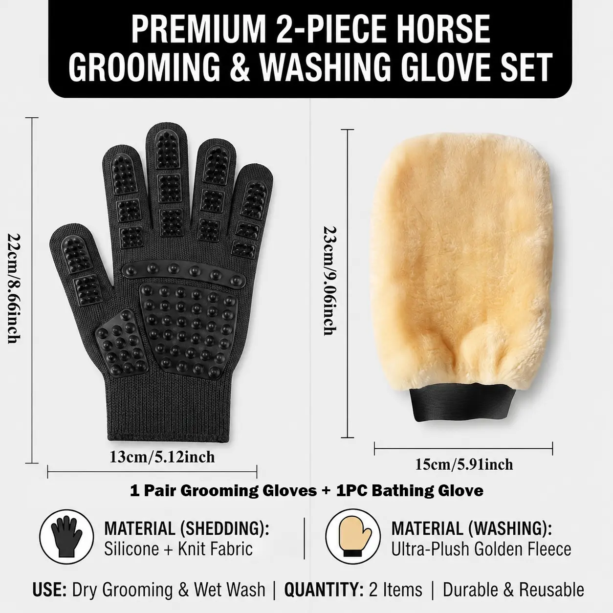 Horse Grooming Glove Set with 1 Pair Grooming Gloves + 1 Bathing Glove, Soft Velvet Deep-Cleaning Mitts for Dust Removal, Silicone Bristles for Loose Hair, Easy-Grip Grooming Kit for Horses, Dogs & Cats