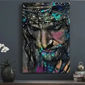 2D flat, [Colorful Jesus Art] High-Quality, Colorful 1pc Vintage Wooden Framed Canvas Print- Jesus Christ Artwork| Christian Religious Wall Decor for Living Room, Bedroom, Home Office, Indoor/Outdoor Use, Large Canvas Wall Art