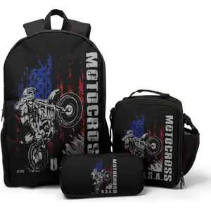 Motocross Vehicle Teens School Backpack Set American Flag Canvas Girls Boys School Bags Travel Bookbags 3 in 1