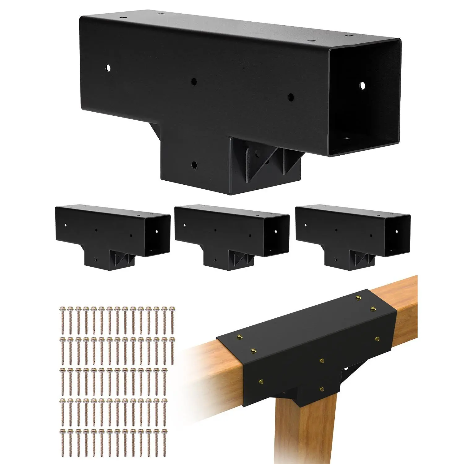 【Summerfinds】VEVOR 4 Pcs 3-Way T-Shaped Sturdy Carbon Steel Pergola Brackets Kit, 3.5x3.5 in Actual Fit for 4x4 in Wood Beams, 19.84 Lbs/9 Kg, Hex Cap Screws Included, Rust Resistant Shade Sail Compatible DIY Woodworking Gazebo Accessory