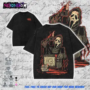 Dead by Daylight Ghostface Classic Menswear Retro Washed Hoodies & Tees - Vintage Acid Wash Oversized Graphic T-shirt, Premium Heavyweight Cotton Urban Outfits Gamer Merch, Unisex Summer Gift Top