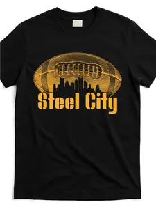 Men's & Women's Pittsburgh Skyline & Football Design T-Shirt - Steel City Fan Tee with Iconic Cityscape & American Football Graphic, Regular Fit Short Sleeve Shirt for Casual Wear, Gift for Fans, Family Matching Apparel