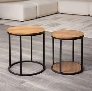Mollie Contemporary Wooden Round Nesting End Tables with Black Metal Legs (Set of 2) bedside nightstand By FOA