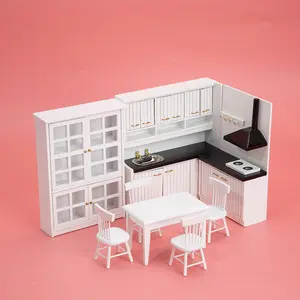 8pcs White & Pink Mini Kitchen Set 1:12 Scale with Table 4 Chairs Cabinet Gold Hinges Realistic Dollhouse Toy, Perfect Christmas Gift, Miniature Furniture