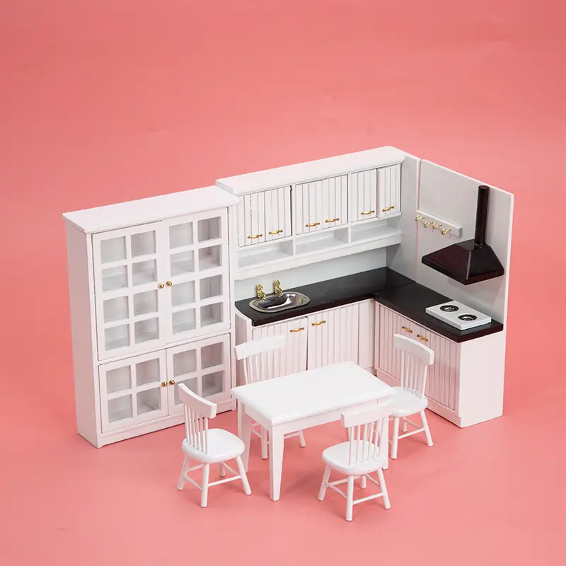 8pcs White & Pink Mini Kitchen Set 1:12 Scale with Table 4 Chairs Cabinet Gold Hinges Realistic Dollhouse Toy, Perfect Christmas Gift, Miniature Furniture