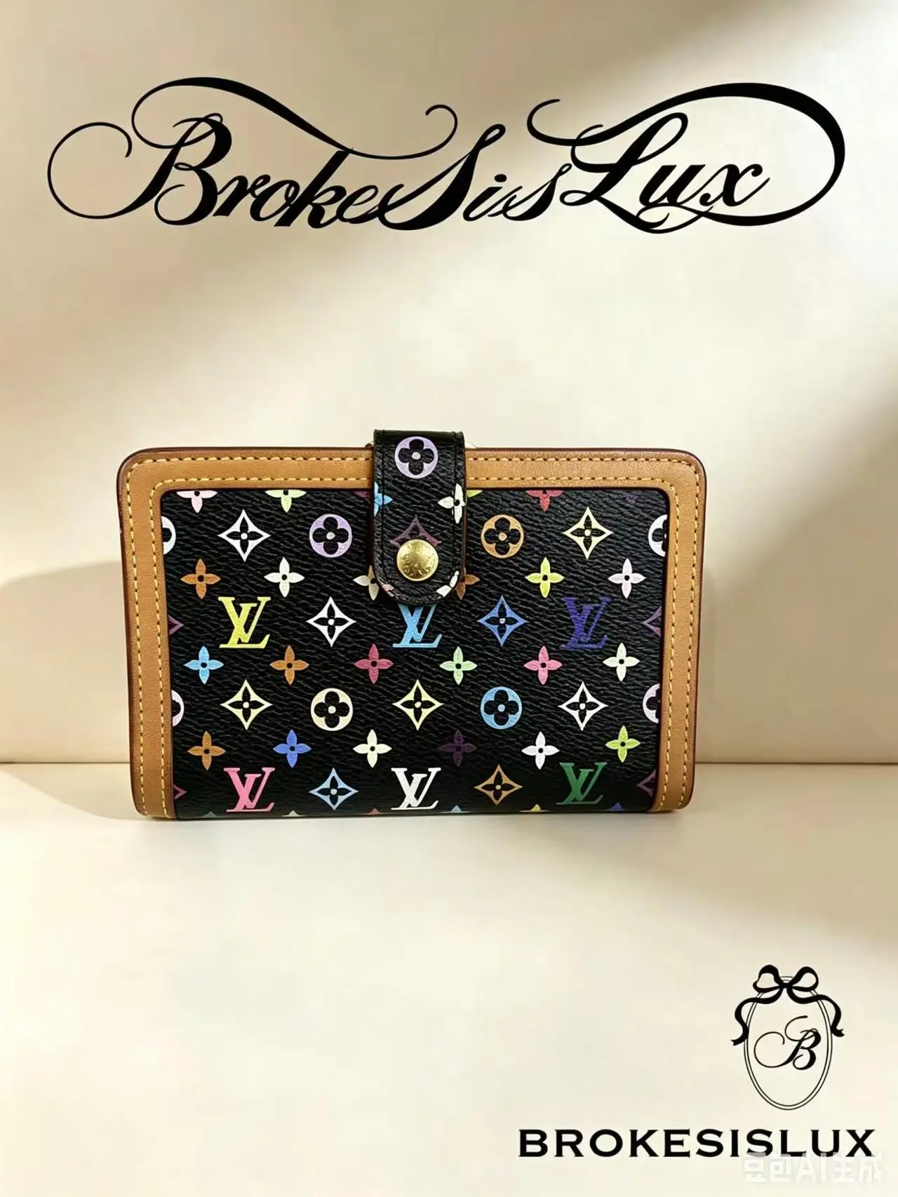 Pre-owned Louis Vuitton LV Black Multicolor Monogram Canvas Snap Wallet | Vintage Takashi Murakami Design
