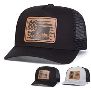 Unisex Flag Cow Brown Leather Patch Baseball Mesh Cap Hat Micro Curved Cap Outdoor Adjustable Sunscreen Leisure Hat Travel Tourism Beach Vacation