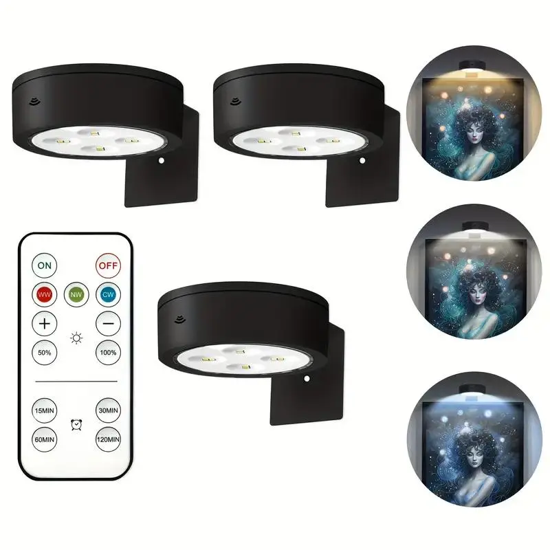 3 Battery-Powered Picture Lights, 3 Lighting Modes, Remote & Adjustable Timer, Wireless Wall Decor Puck Lights, Art Display Lamps, Indoor Wall Light