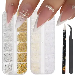 Nail Charms Studs - 3D Multiple Colors, Flat Back Rhinestones, Caviar Beads, Round, Gold Silver, with Kit, for Nail Art