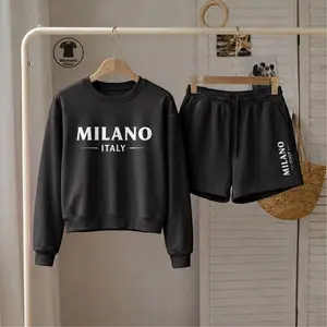 Women’s Milano Letter Print Crewneck Short Sleeve Sweatshirt And Shorts Set, Trendy Casual Two Piece Outfit With Built-In Drawstring Shorts