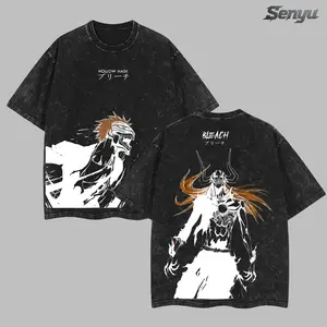 Men's Ichigo "Hollow Mark" Bleach Washed Tee - Double Printed Vintage Oversize Heavy Cotton Manga Unisex Streetwear Crewneck, Gift for Anime Fans, Stylish Casual Top T-Shirt Tropical Oversized Tshirt Menswear