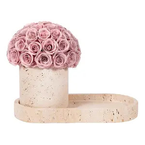 Preserved Flowers Vase, Yellow Travertine Flower Vases & Travertine Tray, Eternal Flower Decorations for Party Home Living Room Bedroom Coffee Table, Decorative Flower Vase House Decor(Pink)
