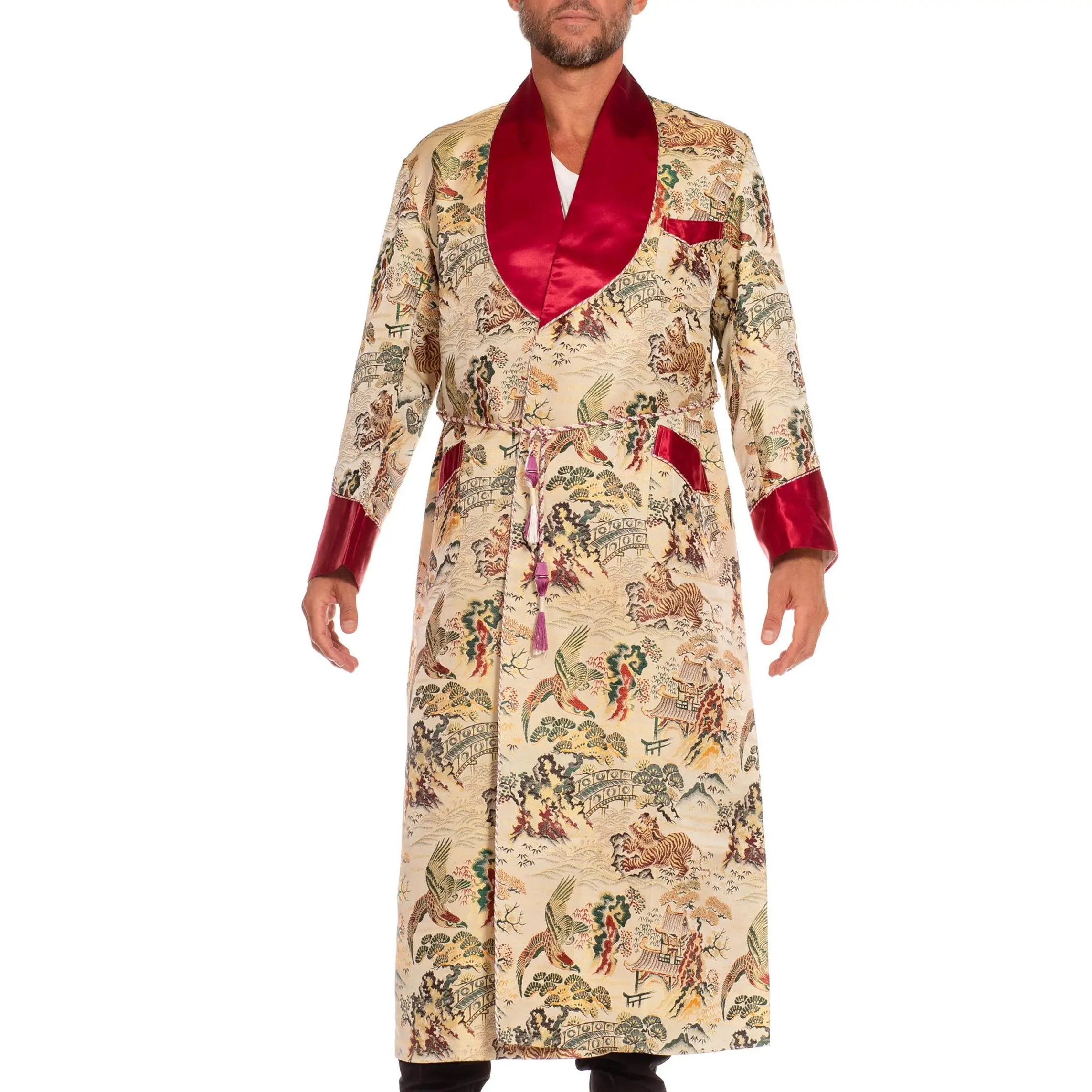 1950S Cream & Red Acetate Brocade Eagle Tiger Pagoda Japanese  Jacket