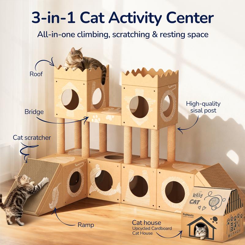 PalNests Cardboard Cat Tree 3-in-1 Multi-Level Tower with Scratching Posts & Tunnel for Kittens & Medium Cats DIY Recyclable