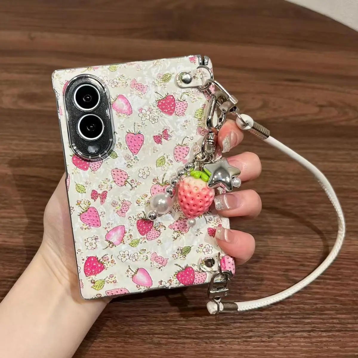 Compatible with Samsung Galaxy Z Fold 8 phone case, hot foil full-screen design, strawberry accents, side snap closure, center axis support, front frame included, sweet girly style