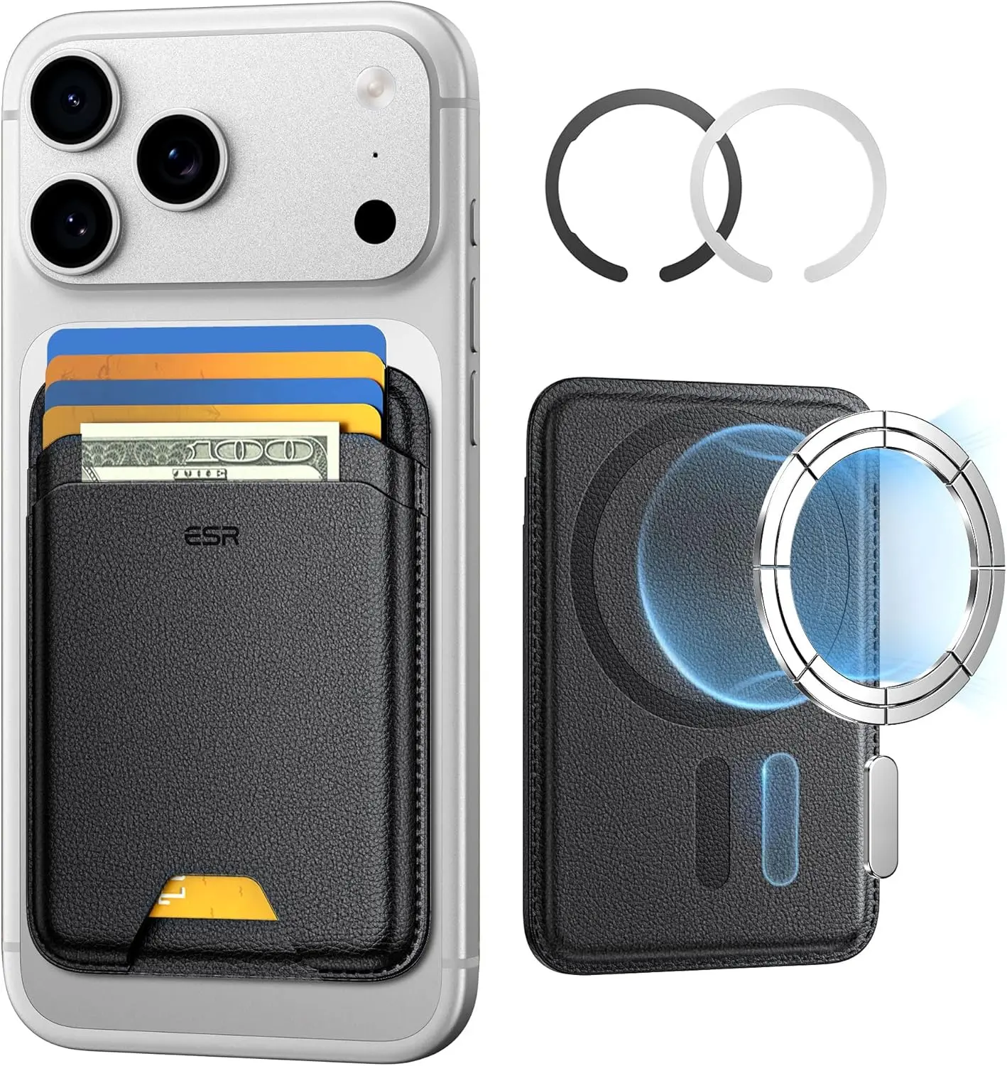 ESR Magnetic MagSafe Wallet - 5-Card Holder (5 cards-black), Vegan Leather Black, Carbon Fibre Accent, 3200g Magnetic Strength, Slim, for iPhone 17/16/15/14/13/12 Series (Not for 13/12 Mini), with Customer Support