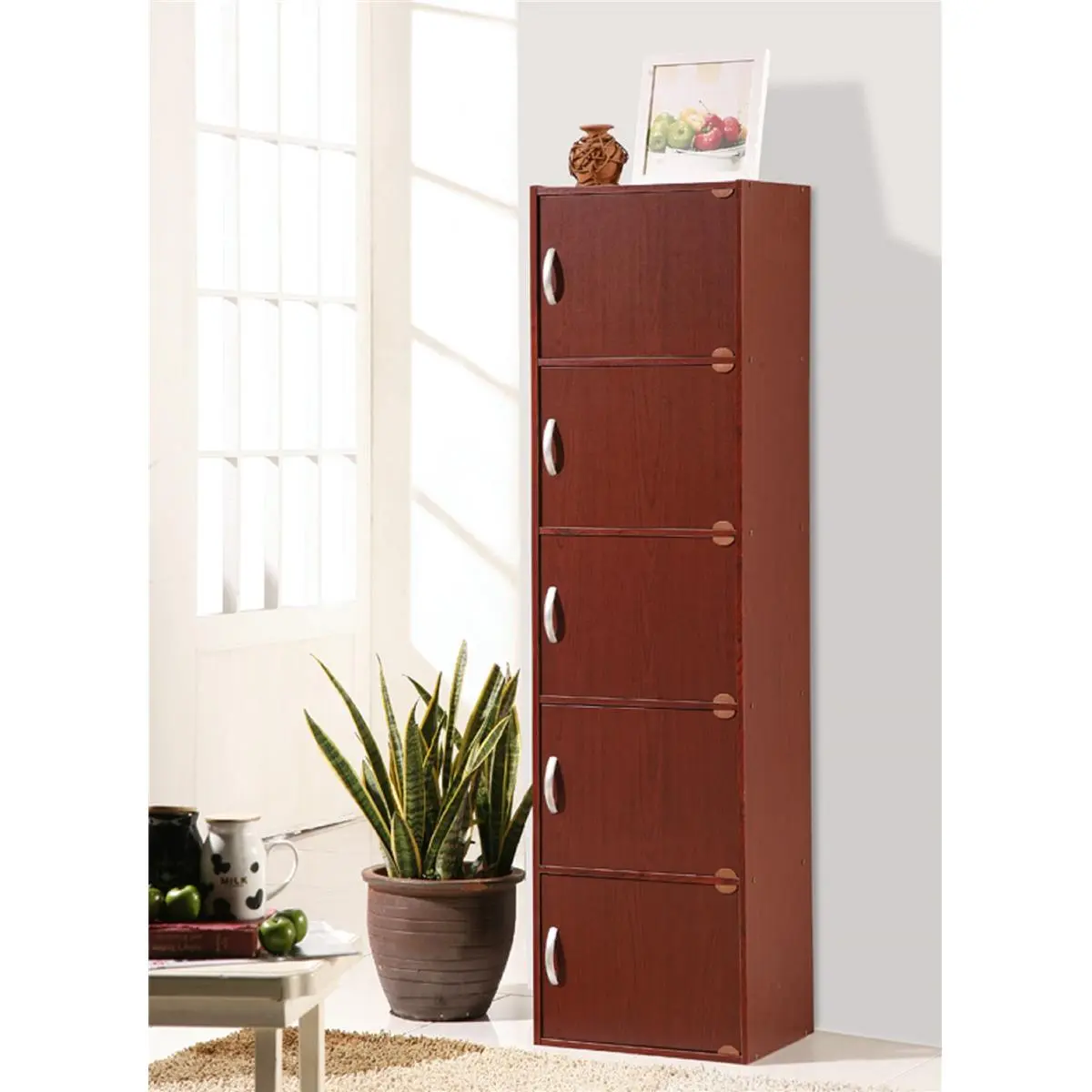 Hodedah HID5 Mahogany 5-Door Freestanding Portable Wood Cabinet, 5-Compartment Indoor Storage Cupboard, Wood Cabinets, Five-Compartment Cabinets