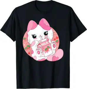 Anime Kawaii Cat Strawberry Milk Women Men Teen Boy Girl Kid T-Shirt - Jaredsab Shop 93B09WXHH6JY