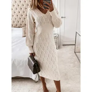 Warm Long Sleeve Knitted Sweater New Autumn Women's Sexy Outerwear Bodycon Dress Sweater Casual White Acrylic Vneck Ribbed Hem Basic Minimalist