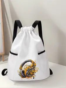 Elegant Earphone Pattern Drawstring Backpack, Large Capacity Durable Gym Bag, Adjustable Straps, Ideal for Travel Hiking Camping