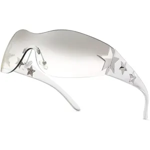 Rimless Y2K Sunglasses Star Wrap Around Glasses 2000S Accessories for Women Men Trendy Fashion Cool Shield Shades