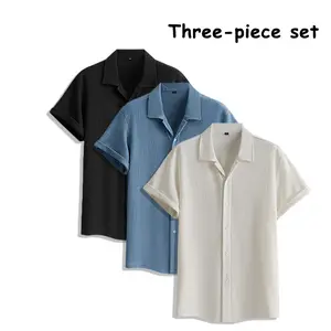 Textured Men’s 3-Pack Short-Sleeve Dress Shirts with Turn-Down Collar, Lightweight Breathable Summer Commuter Shirt