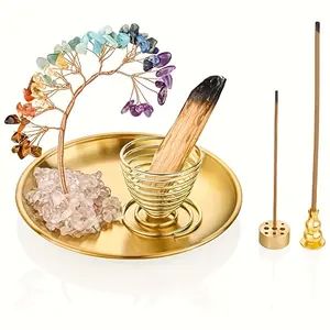 Crystal Tree Aroma Stand, Palosoto Incense Stand, White Sage Burner, Aromatic Sage, 5.5 inches, with ash tray, suitable for string/tower incense, yoga studio and home decoration ornaments, used as a gift during cherry blossom season and Mother's Day