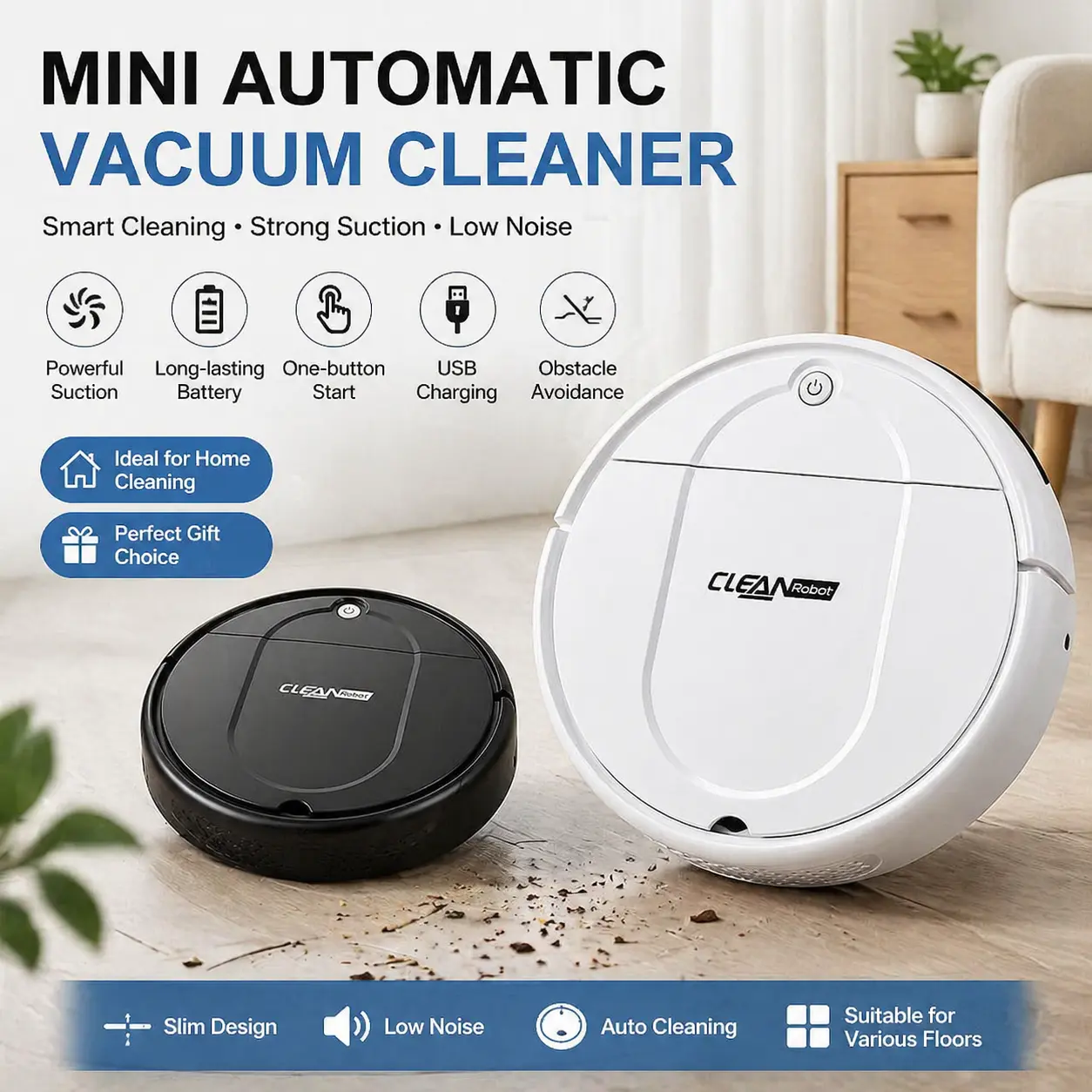 Mini Automatic Robot Vacuum Cleaner – Compact Home Cleaning, USB Charging, Low Noise, Smart Suction, Perfect Gift