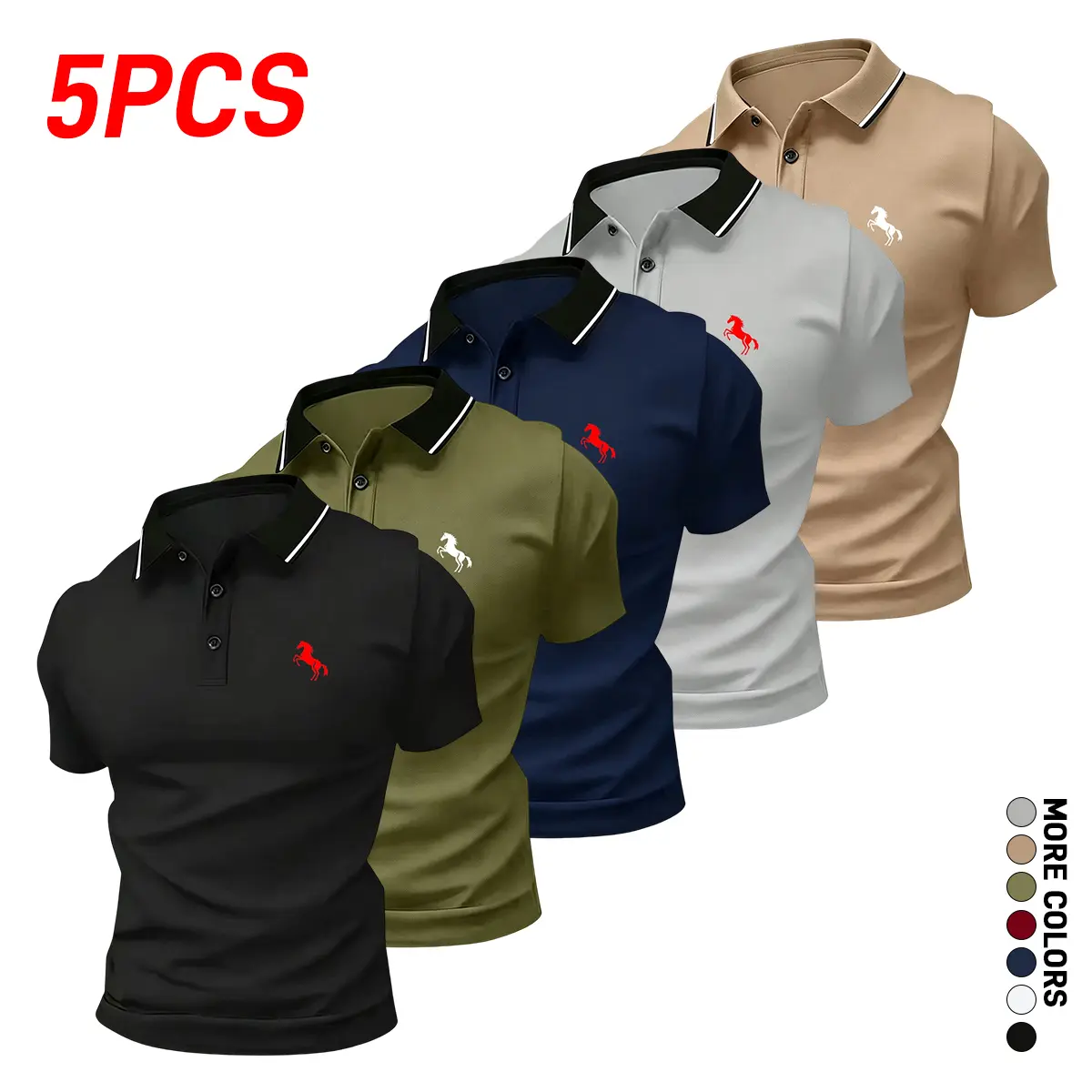 5-pack men’s polo shirts with a noble steed print; outdoor golf and equestrian casual short-sleeve POLO shirts with a POLO collar; mature men’s business-casual POLOs; breathable and comfortable, suitable for spring and summer; can be worn under other laye