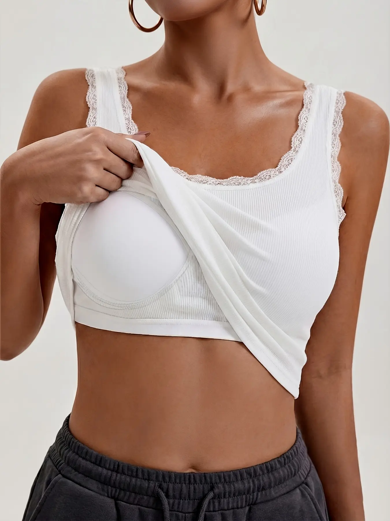 Women's Basic Sleeveless Ribbed Cami Tank Top with Lace Trim, Solid Fitted Unpadded Polyester Base Layer Camisole for Mature Women
