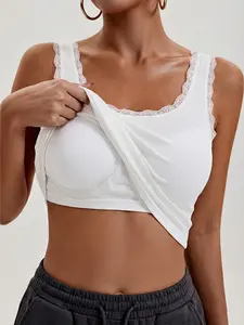 Women's Basic Ribbed Lace Trim Lace Strap Undershirt Base Layer - 1pc Lady Mature Camisole Tank Top with No Non-Removable Padding