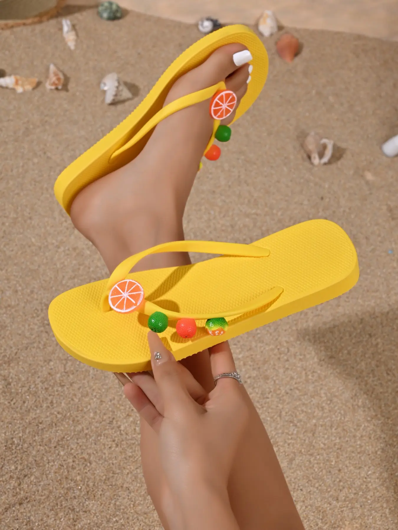Girls' Lemon Color Ball Sandals, Soft Sole Flip Flops for Women, Eva Flip Flops, Summer Outdoor Shoes, Style Beach Footwear, Comfortable and Stylish, Fruit