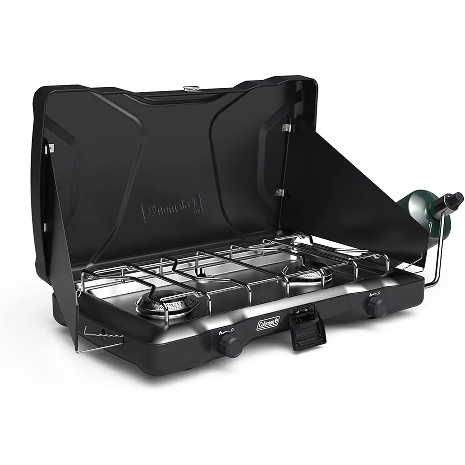 Portable 2-Burner Propane Camping Stove with Adjustable Heat, Wind Guards and Carry Handle, 22,000 BTU Outdoor Cooktop for Camping, Tailgating and Emergency Use