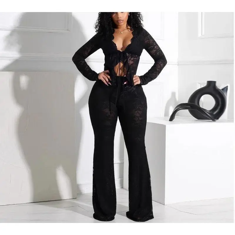 2025 New Women Two Piece Outfit Sexy Lace Top and Flared Pants Club Outfit Women Outing No.30 Fabric Light Casual Long Sleeve Suits Basic Womenswear rave outfits matching sets women Clothes Party Soft Black Minimalist