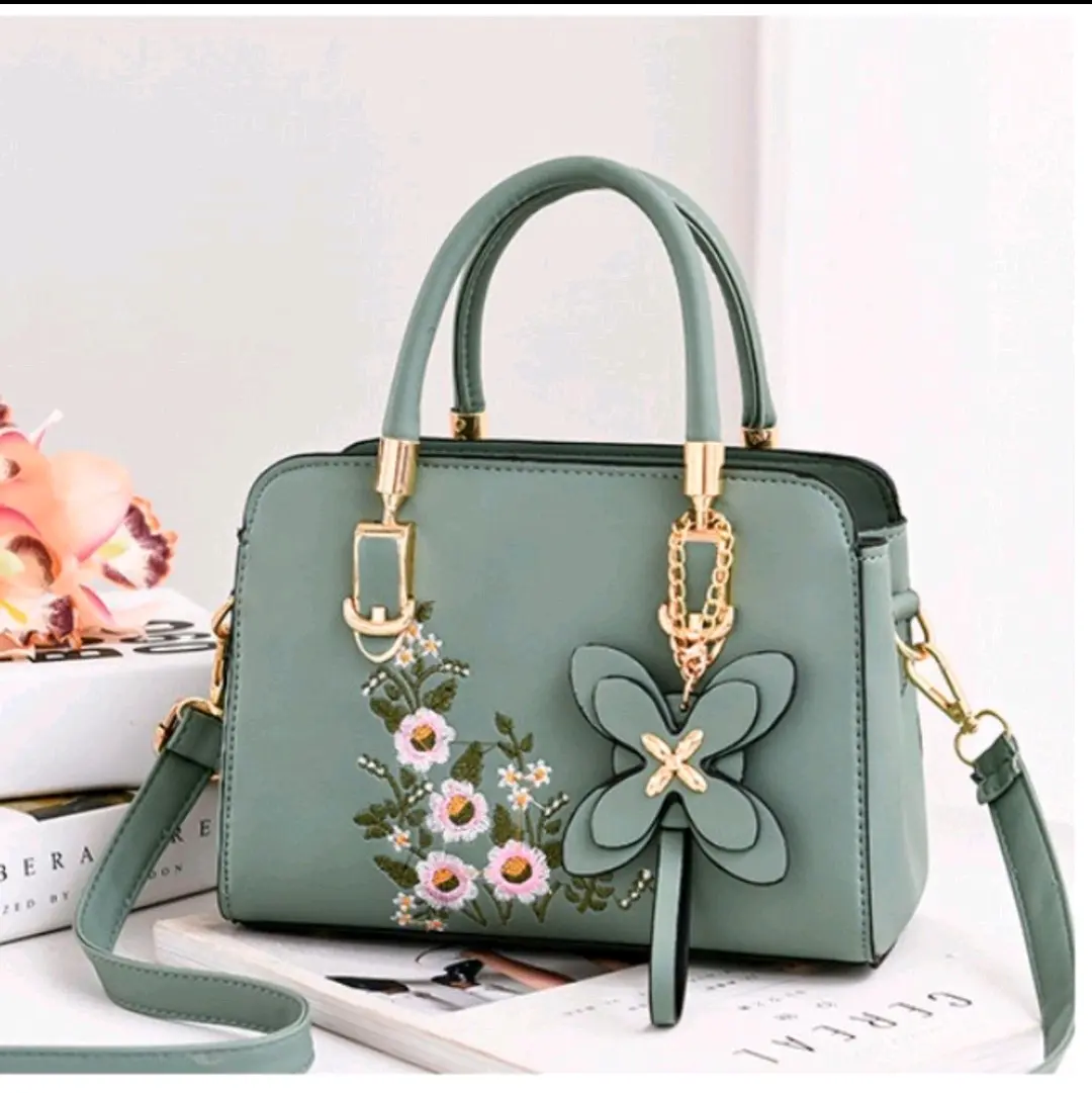 Faux Leather Embroidered Tote Bag - Women's Handbag with Adjustable Shoulder Strap, Floral Detail, and Zipper Closure, 8.7L x 3.7W x 6.3H Inches