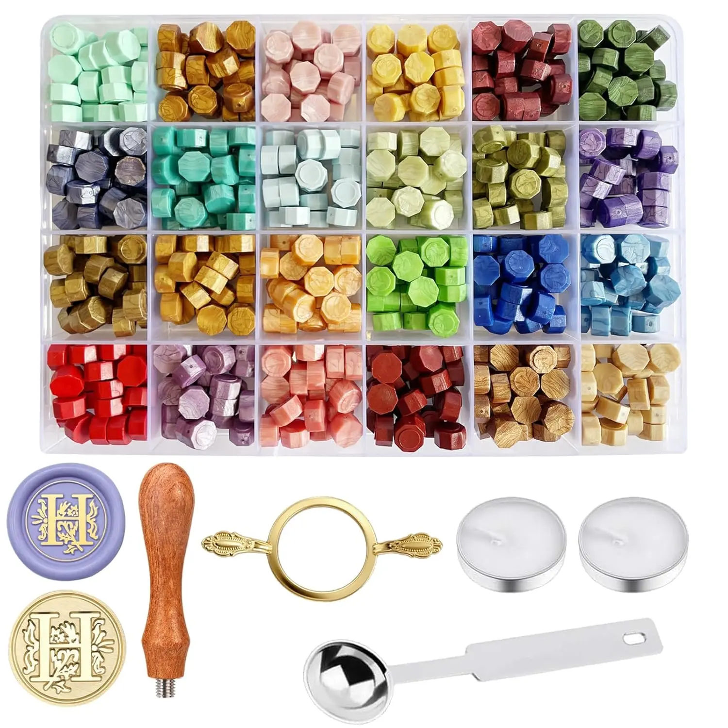 Classical Eco-Friendly Wax Seal Stamp Kit - 24 Vibrant Colors 24 Beads, Personalized Letter Stamp, Steel Melting Spoon, Tea Candles, Round Molds - Ideal for Wedding Invitations, Envelopes