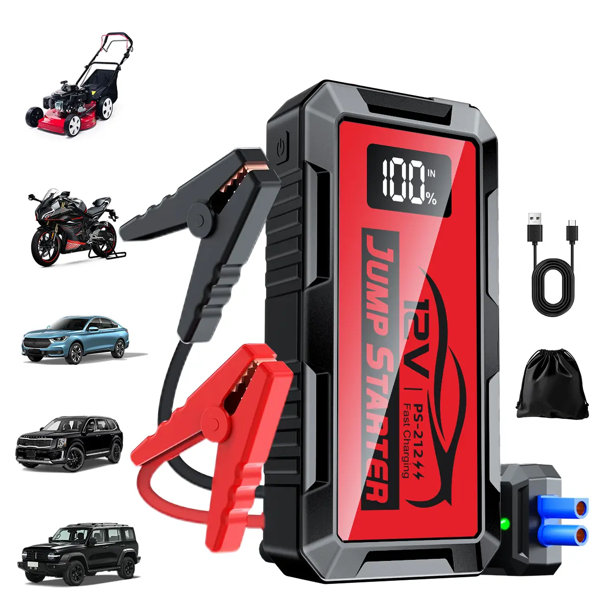 8000mAh Car Jump Starter, 12V Battery Booster with 2000A Peak Current, Smart Jumper Cables, LCD Display, LED Emergency Light & Power Bank for Cars, SUVs & Trucks