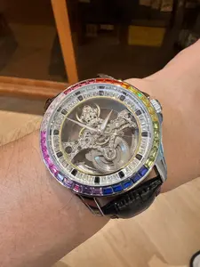 1pc Fashion Luxury Skeleton Automatic Mechanical Watch for Men Luminous Hands Black PU Leather Strap Business Casual Mens Watches Top Brand Gifts With Box