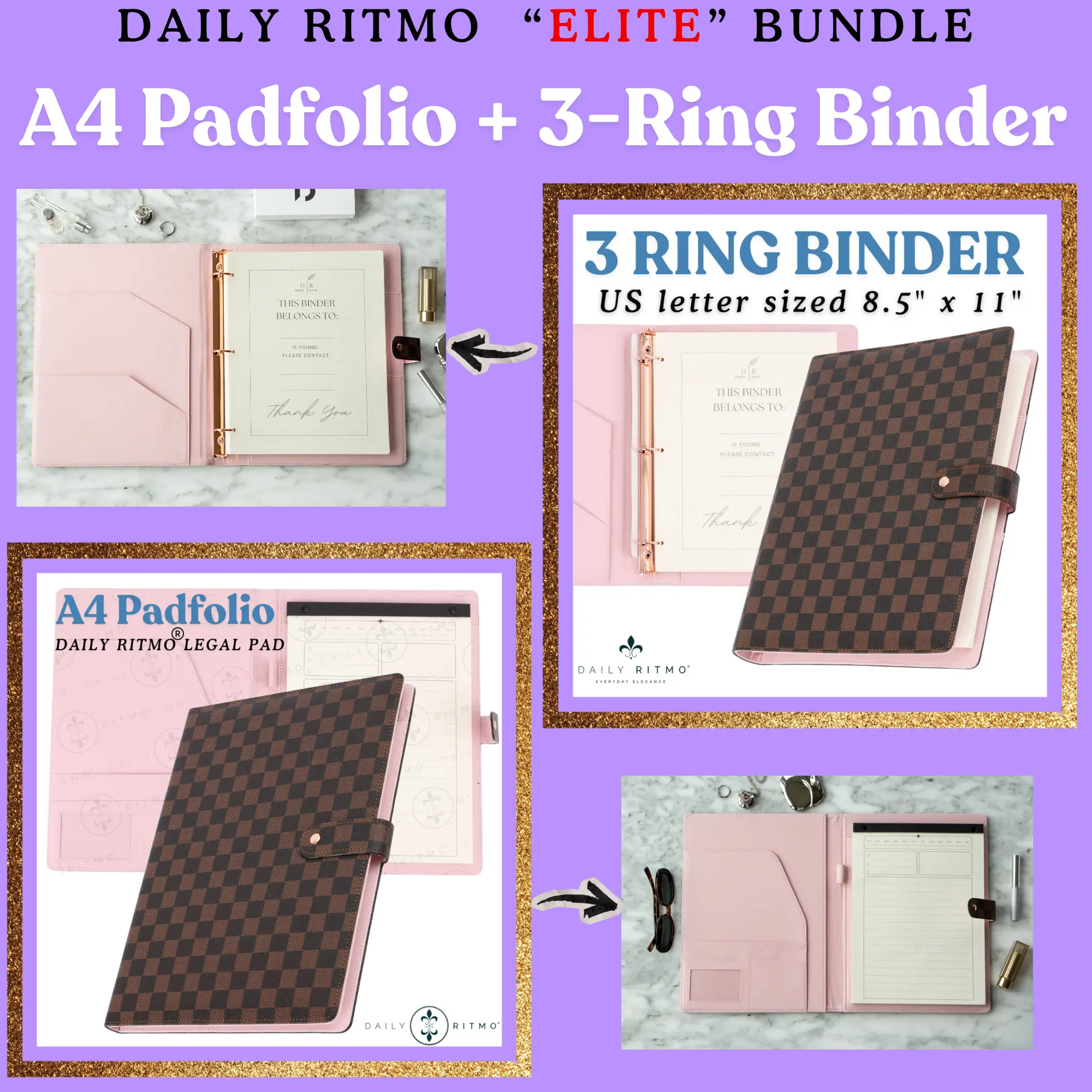 DAILY RITMO “ELITE” Bundle – Checkered A4 Padfolio & 3-Ring US Letter Binder Combo DAILY RITMO “ELITE” Bundle – Checkered A4 Padfolio & 3-Ring US Letter Binder Combo