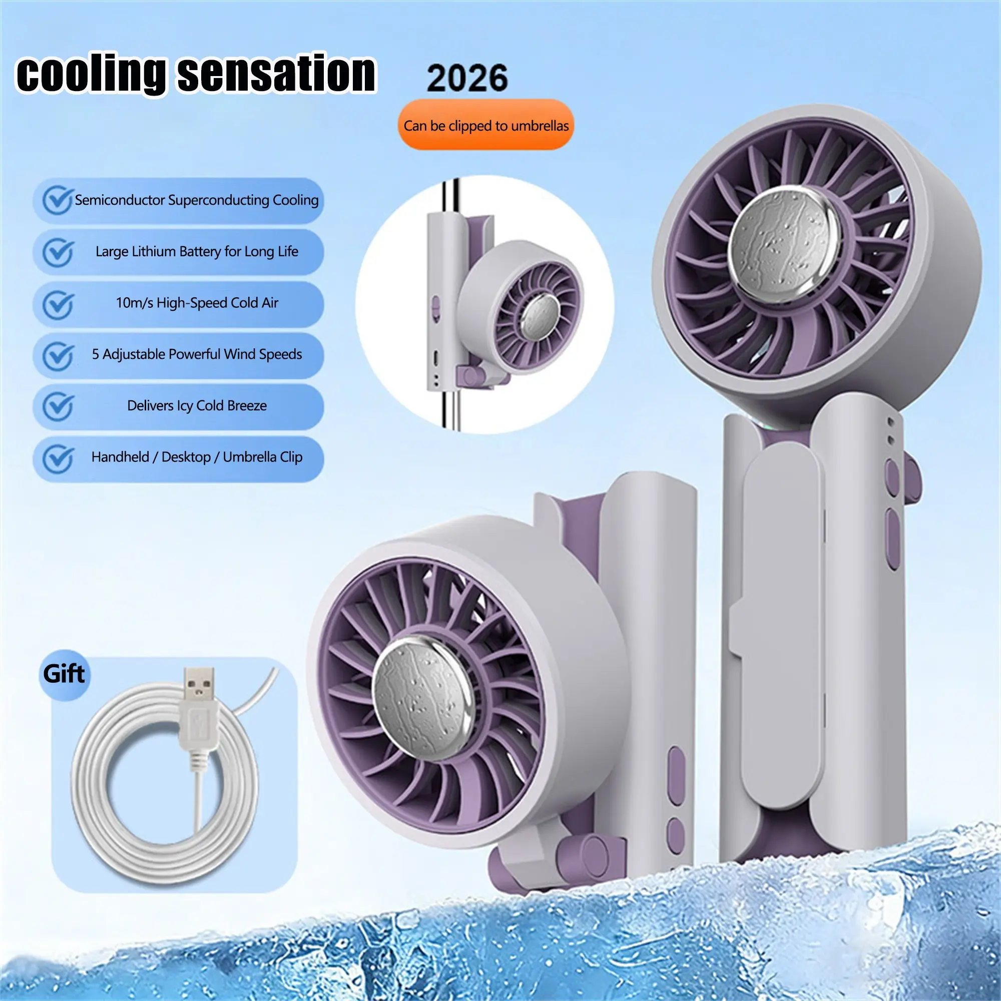 Portable USB Rechargeable Handheld Fan with Semiconductor Cooling, 5 Adjustable Speeds, Foldable Clip-on Design for Travel, Commute & Umbrella