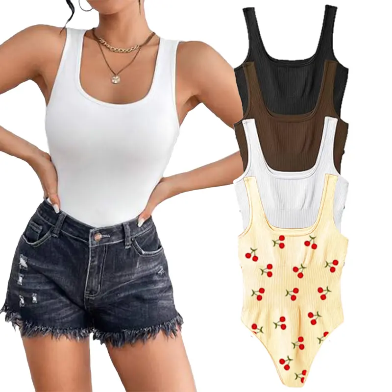 【Limited time deal】Women's 4-Pack Seamless Ribbed Bodysuits Sleeveless Square Neck Tanks Trendy
