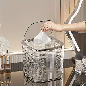 Water Corrugated Desktop Flip-up Lid Trash Can, Light Luxury Push-type Waste Bin,  Odor-Seal Storage Bucket with Glacier Pattern for Lazy Living Room Bathroom & Car