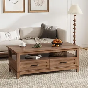Rustic Brown Farmhouse Rectangular Coffee Table for Living Room - Engineered Wood Center Table with 2 Drawers, Open Storage Shelf, Sturdy Legs, Easy Setup, Farmhouse Look, Ample Storage Space