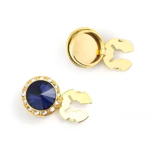 Men's Gold/Indigo Button Cover Cuff-Link With Crystal Stud Centered Surrounded By Crystal Studs