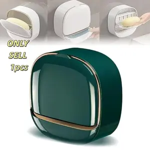 Drainage Soap Dish with Cover, Wall-Mounted Shower Soap Holder Soap Canister, Keeps Bars Dry, Waterproof Shower Soap Box, Waterproof Soap Container, No-Drill Soap Tray, Bathroom Accessories